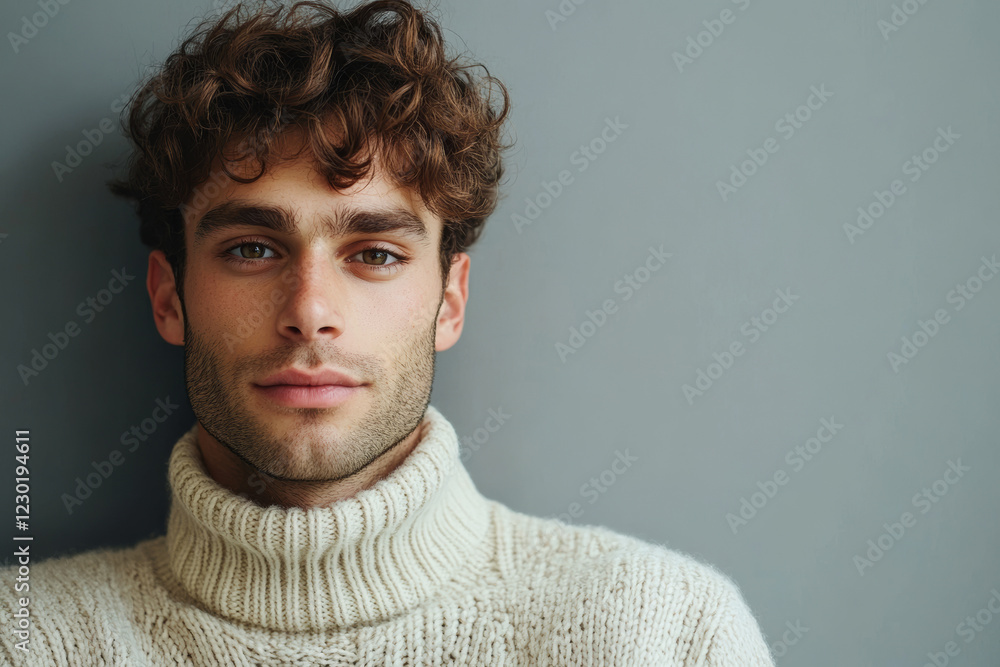Fototapeta premium Portrait of a stylish man wearing a cozy turtleneck sweater, standing against a textured background, showcasing confidence and sophistication, ideal for winter fashion, lifestyle inspiration