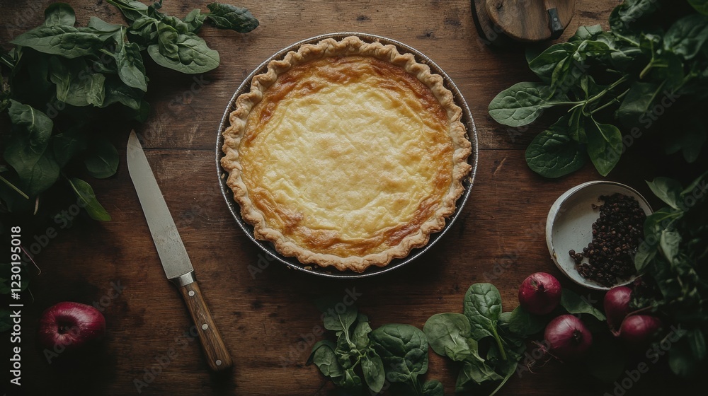 Delicious Cheese Pie Surrounded by Fresh Vegetables and Herbs Delicious Cheese Pie Surrounded by Fresh Vegetables and Herbs