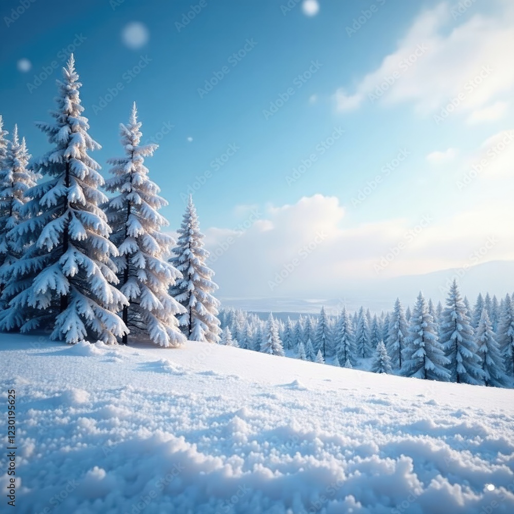 Frosty landscape with abstract blue sky and bokeh effect, featuring snow-covered trees, snowy, frosty, serene Frosty landscape with abstract blue sky and bokeh effect, featuring snow-covered trees, snowy, frosty, serene