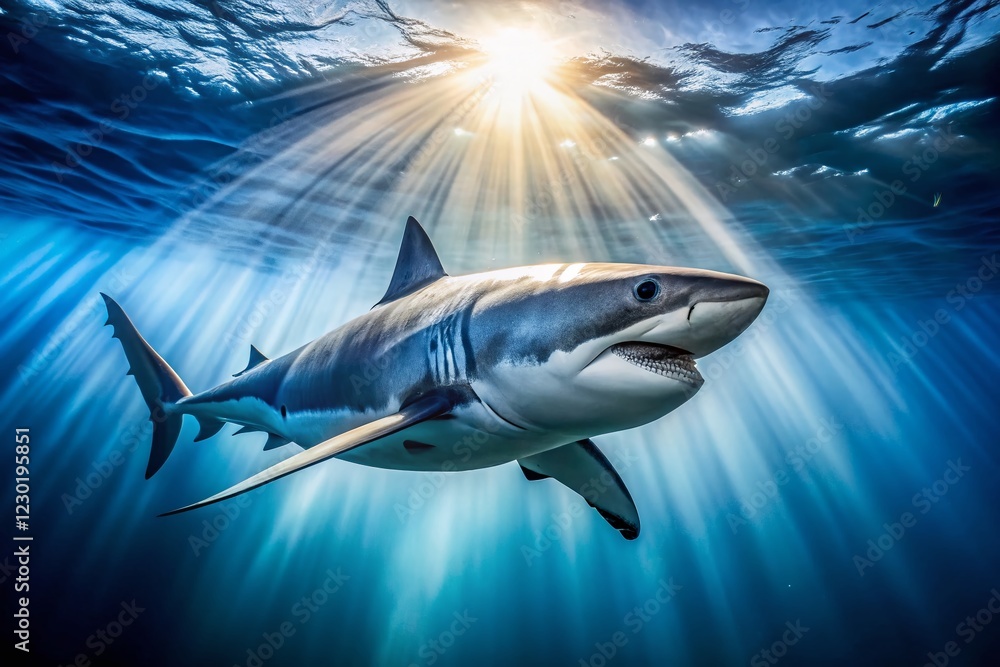 Obraz premium Great White Shark Underwater, Majestic Marine Predator in Blue Ocean, Wild Animal Photography