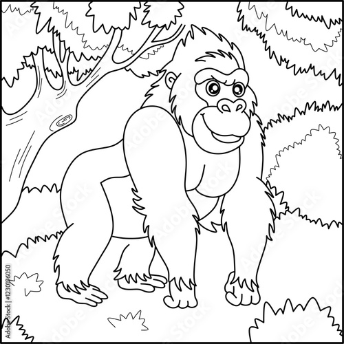 Gorilla line art for coloring book with simple background