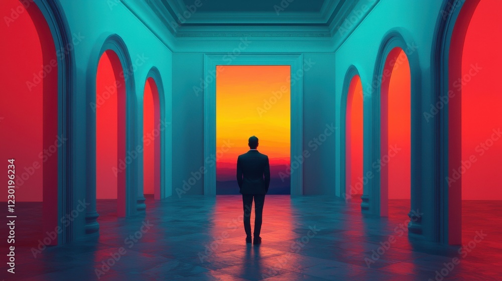 A solitary figure stands in a vibrant, abstract space, illuminated by striking hues of red and blue, creating a surreal, dreamlike atmosphere. A solitary figure stands in a vibrant, abstract space, illuminated by striking hues of red and blue, creating a surreal, dreamlike atmosphere.