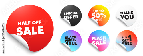 Half off sale red sticker tag. Special offer paper price tags. Half off sale. Special offer price sign. Advertising discounts symbol. Discount, black friday sticker. Promo banner. Vector