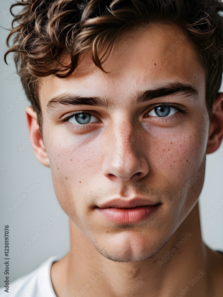 Obraz premium A close-up portrait of a young man with curly hair and blue eyes and looking directly at the viewer
