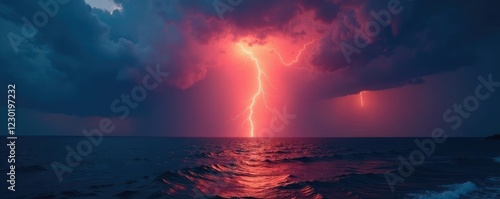 Lightning cuts through the darkening sea like a bolt of fire at sunset, lightning cut, photo