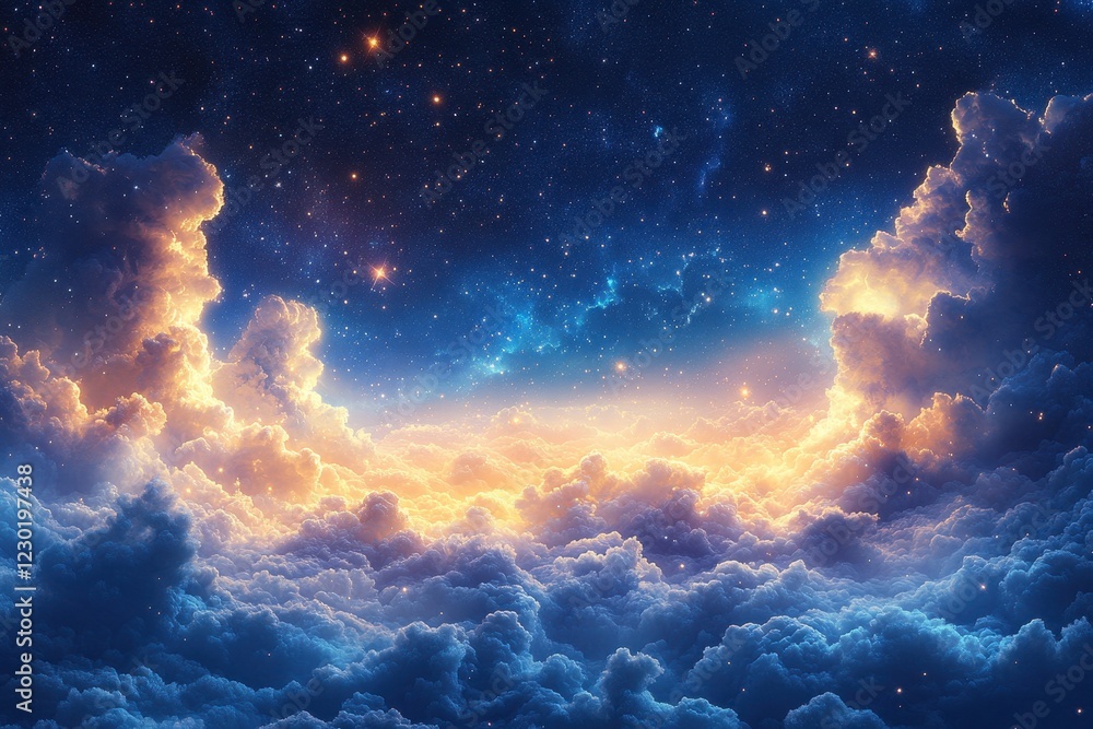 Fototapeta premium Splendid clouds illuminated by warm sunlight over a starry sky at twilight