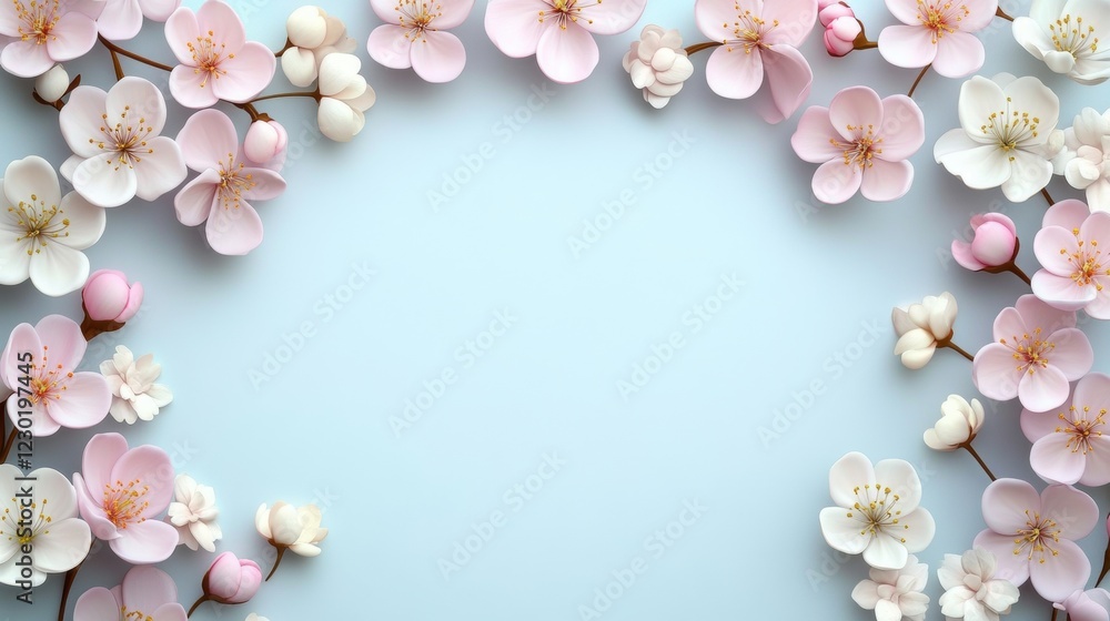 Elegant Floral Frame with Soft Pink Cherry Blossoms on Blue Background Elegant Floral Frame with Soft Pink Cherry Blossoms on Blue Background
