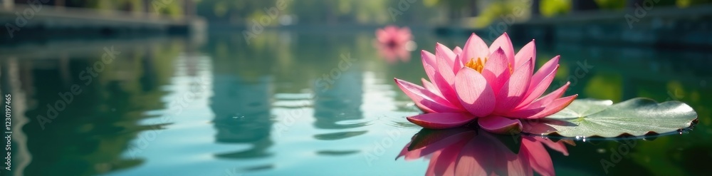 Lotus flowers float calmly in a tranquil Dubai Marina water reflection, lotus, palm Lotus flowers float calmly in a tranquil Dubai Marina water reflection, lotus, palm