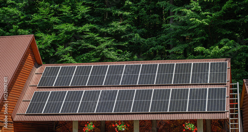 Obraz na płótnie Solar panels installed on a sloped roof surrounded by lush green trees. w salonie
