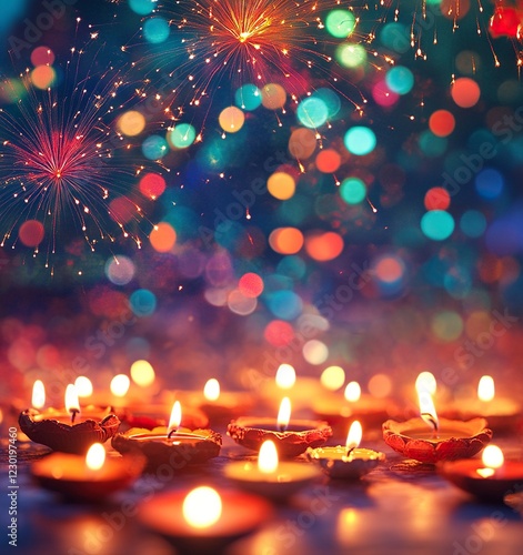 Wallpaper Mural Photo of a Diwali celebration with blurred lights and fireworks in the background, candles on the ground with a bokeh effect. --ar 15:16 --v 6.1 Job ID: aff3970f-0422-4c9e-96fb-05df58cc25f0 Torontodigital.ca