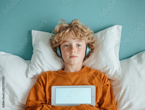 Interactive E-Learning Aesthetic Teen Boy in Cozy Bedding with Tablet and Headphones - Cutting-Edge Digital Education and Mobile Learning Solutions for Todays Youth photo