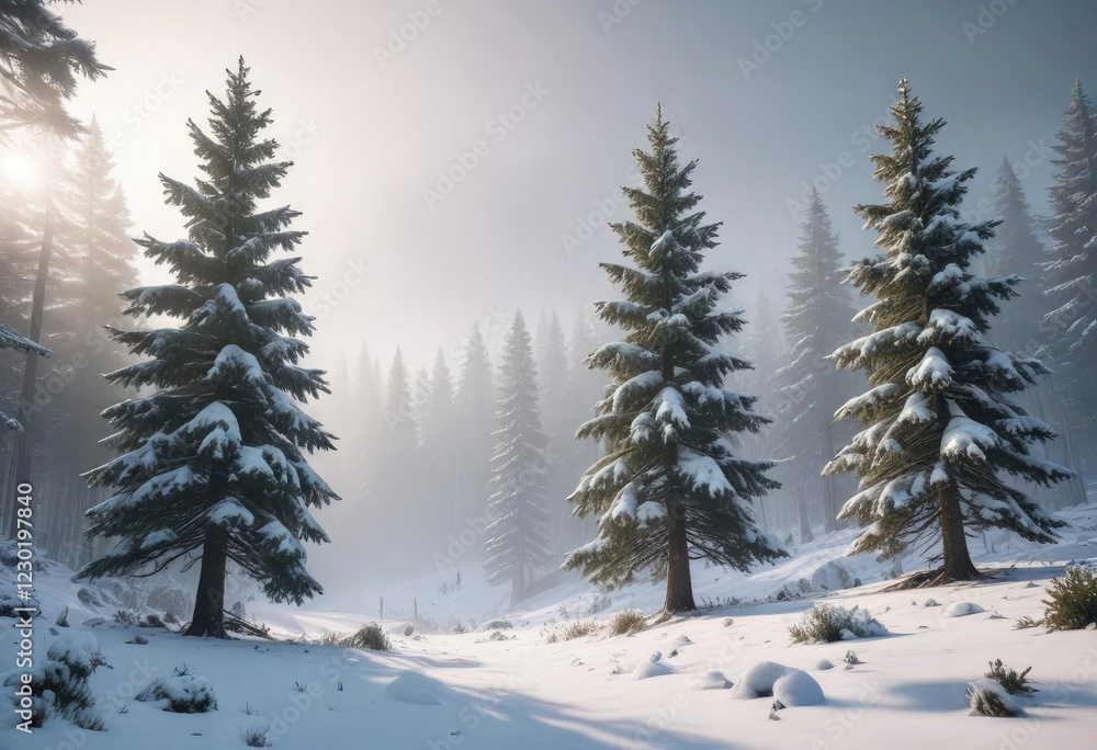 Snow-covered evergreen trees standing in a misty forest, winter scene, misty forest, snow-capped branches Snow-covered evergreen trees standing in a misty forest, winter scene, misty forest, snow-capped branches