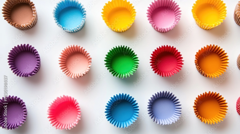 Colorful cupcake liners arranged on white background, baking preparation Colorful cupcake liners arranged on white background, baking preparation