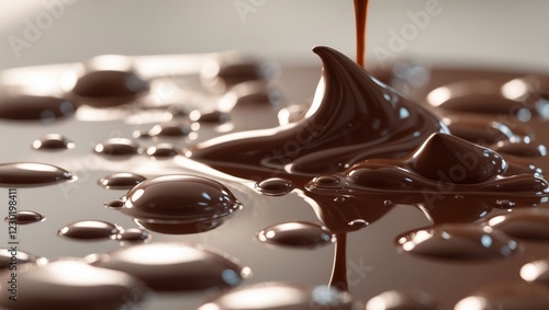 Richly Melted Chocolate With Droplets Reflecting Light in a Close Up View. photo