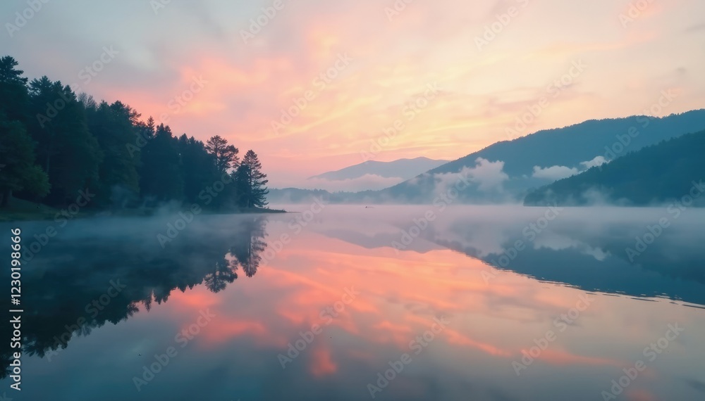 Fototapeta premium Rising plume of fog on a still lake surface at dawn, peaceful, atmosphere