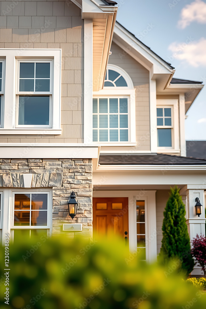 Fototapeta premium Luxury Home Exterior: Modern Architectural Design and Landscaping. Captivating view of a beautiful house, showcasing its stunning architecture, landscaping, and exterior design details.
