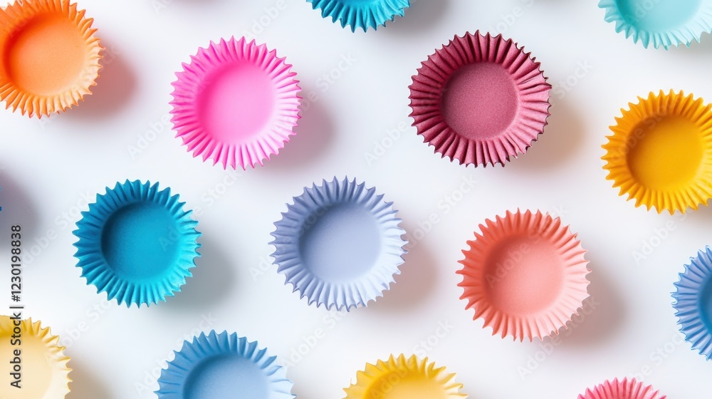 Colorful cupcake liners arranged on white background, baking preparation Colorful cupcake liners arranged on white background, baking preparation