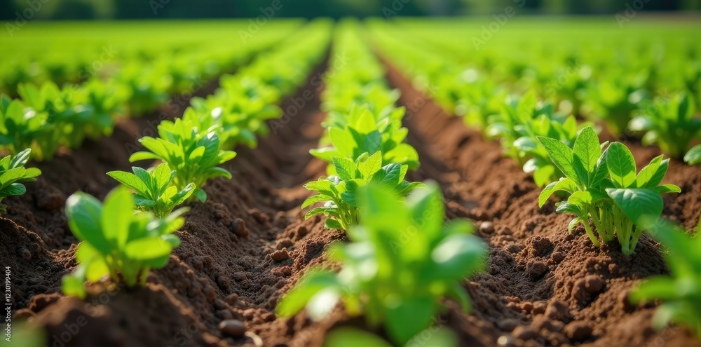 Rows of potato plants with green shoots and leaves in the field, field, harvest Rows of potato plants with green shoots and leaves in the field, field, harvest