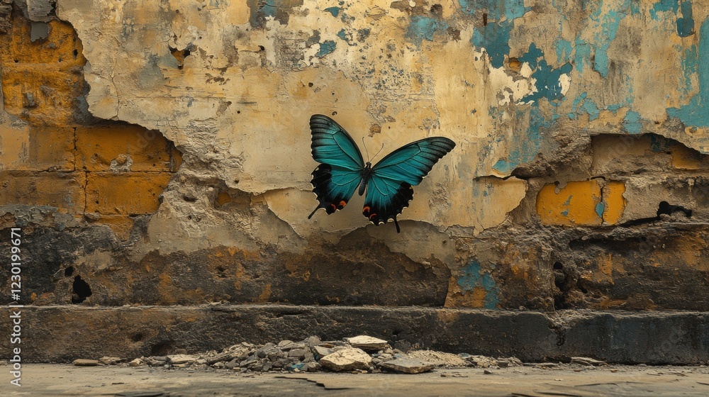 Fotobehang met Vibrant Blue Butterfly Against Grungy Urban Wall Background #1230199671