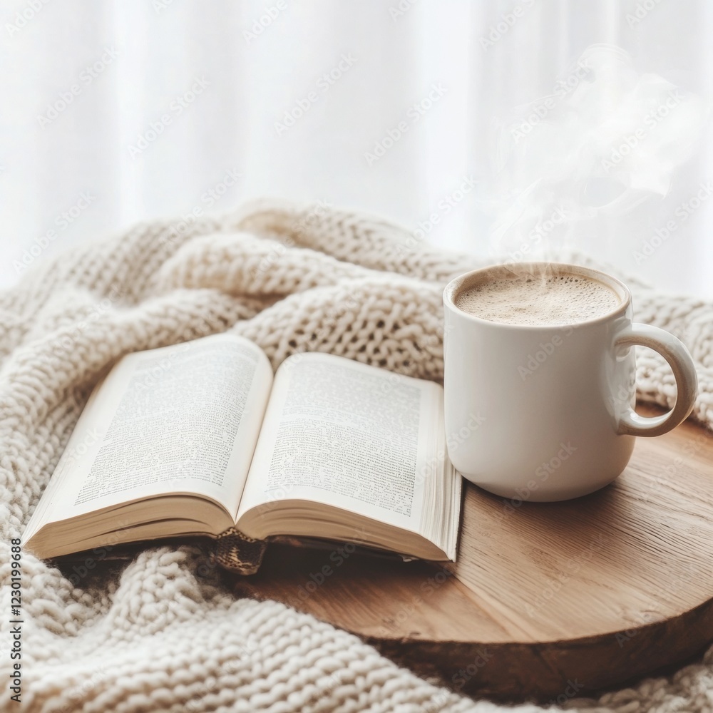 Scandinavian Hygge Reading Nook Open Book on Plush Knit Blanket and Steaming Mug on Wood - Cozy Home Decor for Lifestyle Content and Literary Marketing