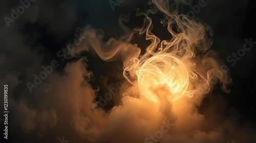 In the midst of a turbulent tempest wispy strands of smoke coalesce into a shimmering orb that pulsates with an inner light, kinetic energy, glowing abstract background, cosmic wonder