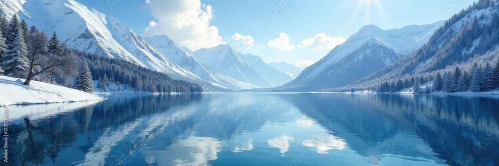 Serene lake reflected in snow-capped mountains under a bright sunny sky, landscape, snow, serene