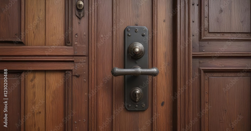 Iron door handle on wooden door with a vintage aesthetic , weathered, metal Iron door handle on wooden door with a vintage aesthetic , weathered, metal