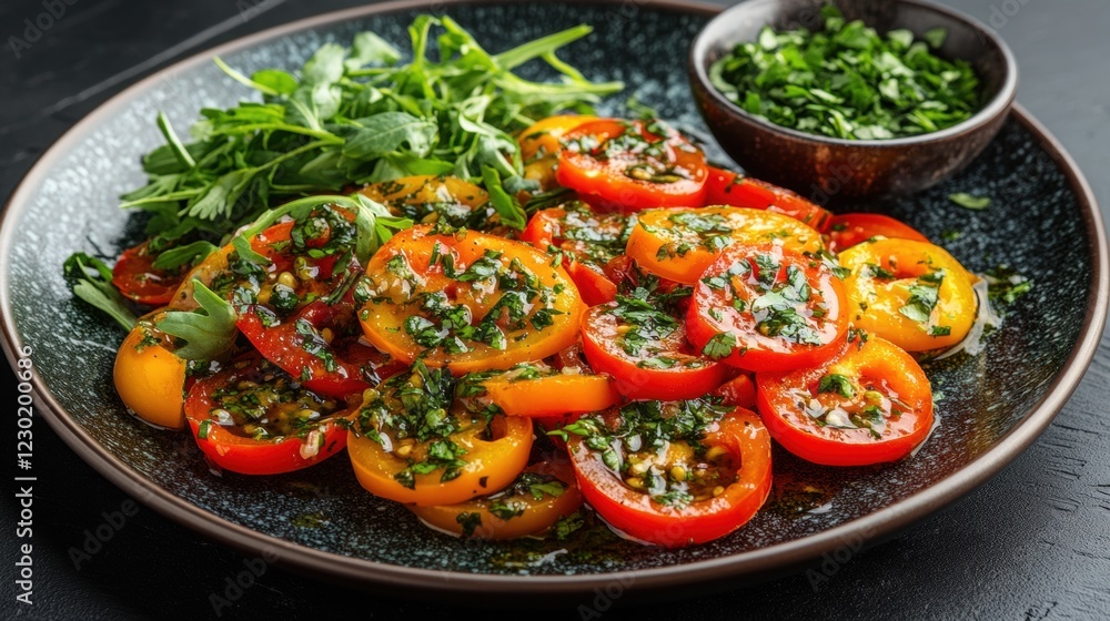 Fresh Tomato Salad with Herbs and Tangy Dressing on Black Plate Fresh Tomato Salad with Herbs and Tangy Dressing on Black Plate