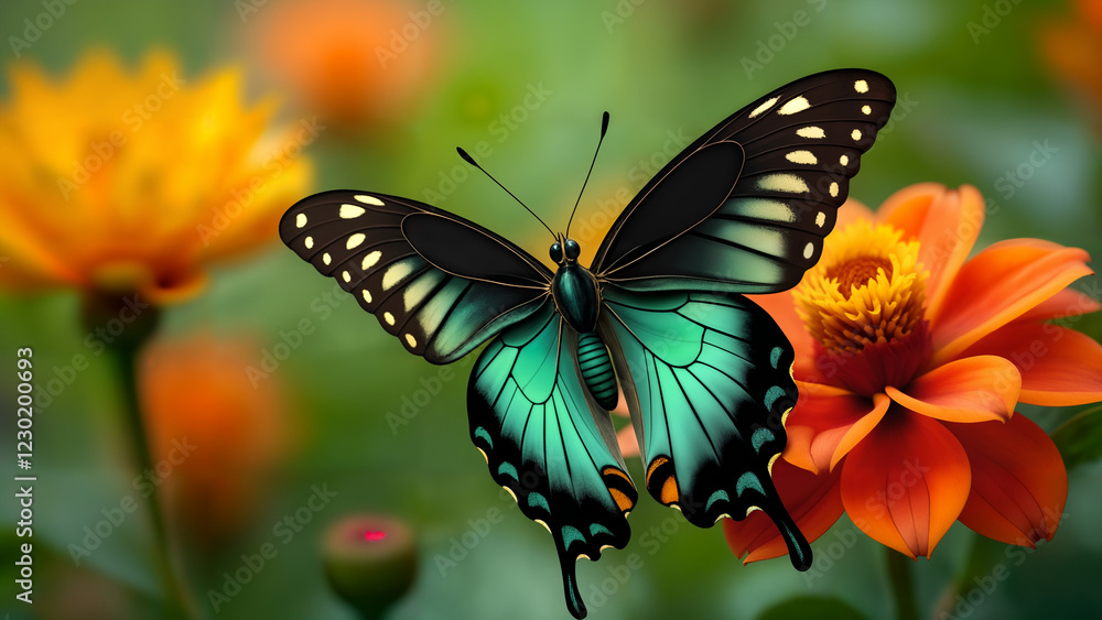 Naklejka premium An Enchanting Display of the Emerald Swallowtail Butterfly (Papilio palinurus) in a Colorful Tropical Flower Garden, Showcasing Nature's Beauty