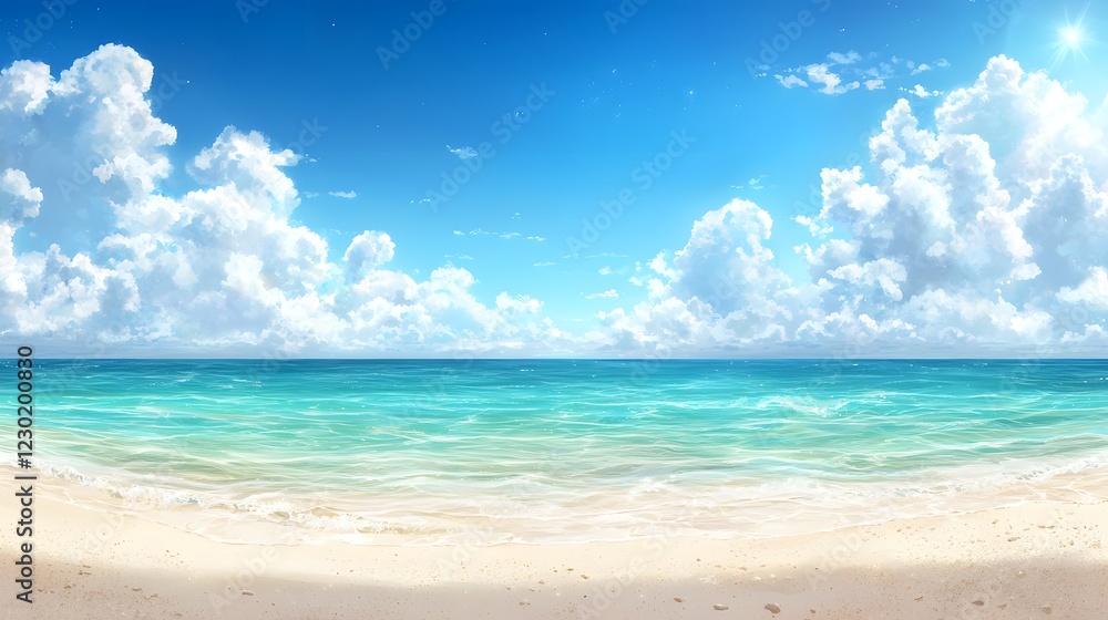 Breathtaking tropical beach paradise with serene turquoise ocean azure skies and fluffy white clouds A tranquil and idyllic scene perfect for vacation relaxation and escape from the everyday Breathtaking tropical beach paradise with serene turquoise ocean azure skies and fluffy white clouds A tranquil and idyllic scene perfect for vacation relaxation and escape from the everyday