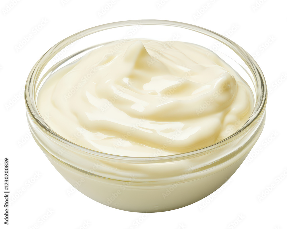 Isolated Glass Bowl with Smooth White Cream, Close Up View Isolated Glass Bowl with Smooth White Cream, Close Up View