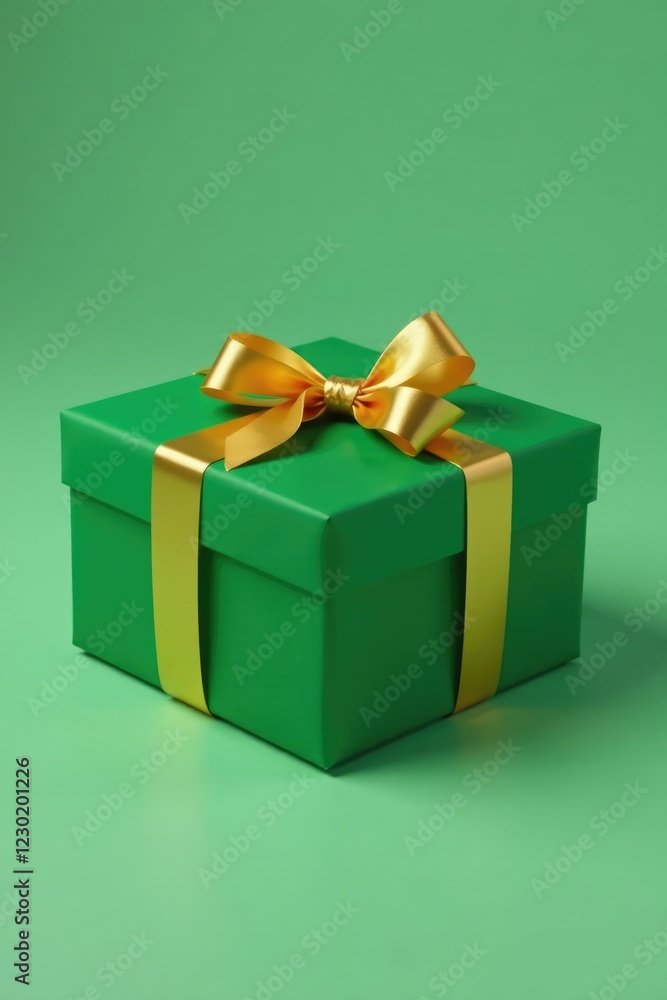 Simple rectangular box wrapped in green paper tied with golden ribbon, present, green wrapping paper Simple rectangular box wrapped in green paper tied with golden ribbon, present, green wrapping paper