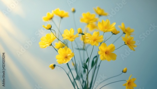 Bouquet of yellow flower on pastel blue background photo