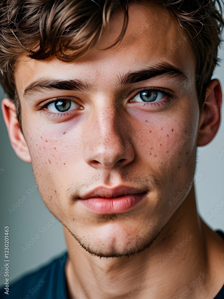 Obraz premium A close-up portrait of a young man with curly hair and blue eyes and looking directly at the viewer