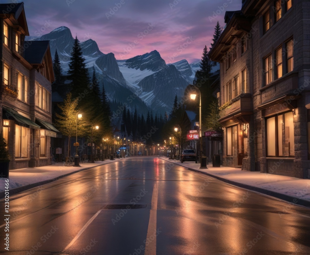 Fototapeta premium Softly glowing streetlights illuminate the quiet streets of Banff Avenue at dusk, peaceful, landscape, evening atmosphere