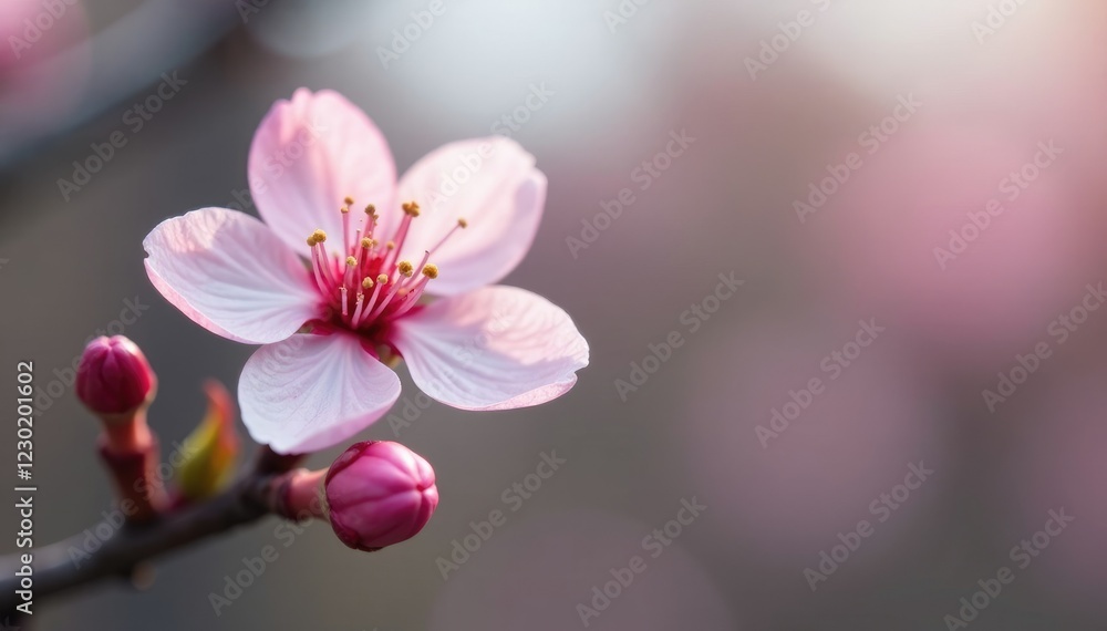 Single cherry blossom bud with delicate pink and white colors against a natural background, blossoming, cherry blossom, nature Single cherry blossom bud with delicate pink and white colors against a natural background, blossoming, cherry blossom, nature