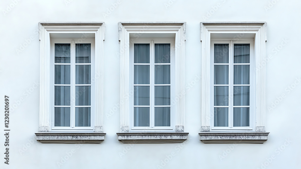 Obraz premium A classic Palladianstyle window with three sections and white trim displayed on a plain white wall front view highlighting architectural beauty futuristic tone complementary color
