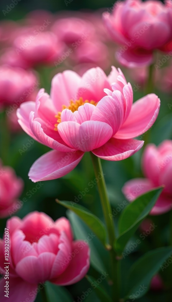 Soft pink petals unfolding in a colorful peony garden, blooming, flower fields Soft pink petals unfolding in a colorful peony garden, blooming, flower fields