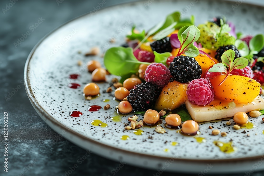 A beautifully plated gourmet dish featuring seared scallops paired with fresh blackberries, chickpeas, radishes, and vibrant microgreens. A beautifully plated gourmet dish featuring seared scallops paired with fresh blackberries, chickpeas, radishes, and vibrant microgreens.