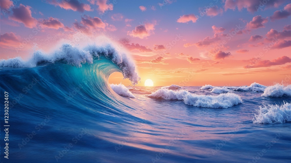 A wave crashes into shore at sunset.
