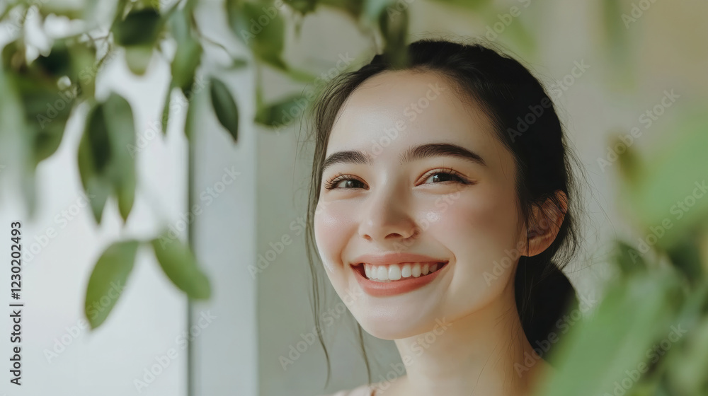 Smiling young woman surrounded by greenery in a bright indoor setting during daylight Smiling young woman surrounded by greenery in a bright indoor setting during daylight