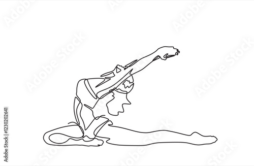 Continuous line drawing of a woman in a yoga pose, representing relaxation and fitness. Vector art focused on health and meditation, isolated on a white background.	