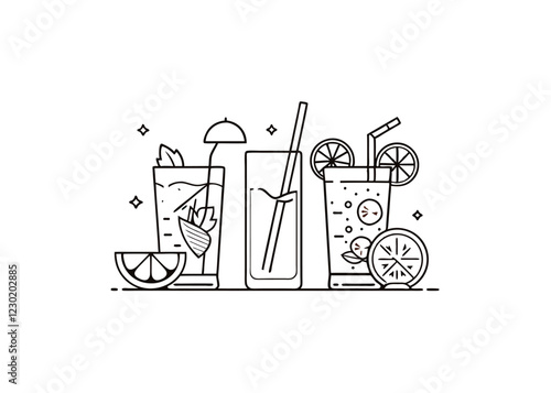 Beautiful hand drawn collection of drinks and cocktails. Alcohol and cocktail drink menu. Champagne glasses make cheers. Celebration, party, holiday symbol
