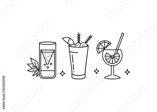 Beautiful hand drawn collection of drinks and cocktails. Alcohol and cocktail drink menu. Champagne glasses make cheers. Celebration, party, holiday symbol