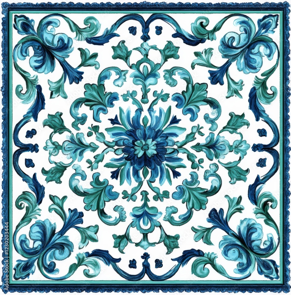 Elegant Teal and Green Floral Damask Pattern, Square Design Elegant Teal and Green Floral Damask Pattern, Square Design