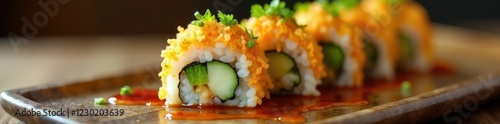 Sushi roll topped with ebi tempura and teriyaki sauce, cucumber, yellow, ebi tempura photo