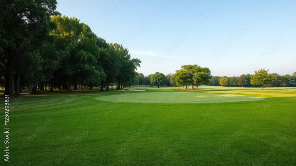 Lush green grass and mature trees surrounding a pristine golf course, outdoor, serene, peaceful Lush green grass and mature trees surrounding a pristine golf course, outdoor, serene, peaceful