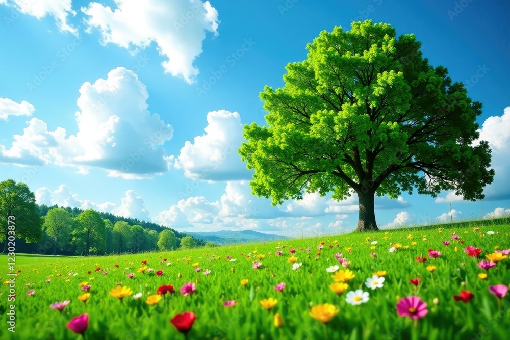 Lush trees and flowers in a meadow under blue sky with scattered white clouds, serene scenery, trees