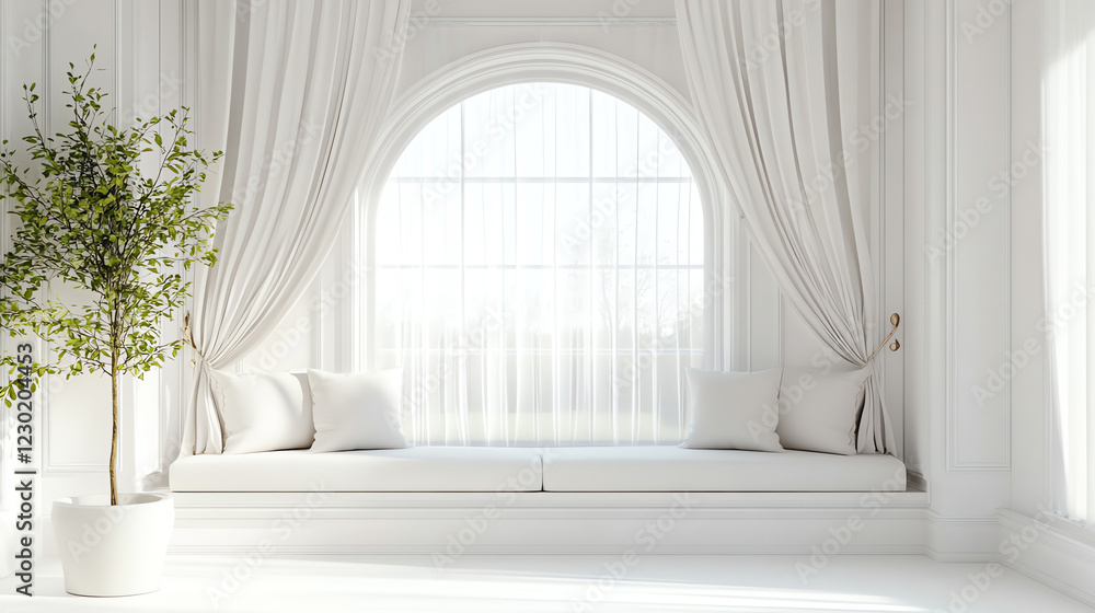 A luxurious bay window with cushioned seating and white curtains displayed against a white background front view highlighting elegance futuristic tone analogous color scheme A luxurious bay window with cushioned seating and white curtains displayed against a white background front view highlighting elegance futuristic tone analogous color scheme