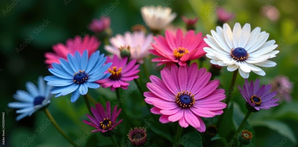 Fototapeta premium A bouquet of mixed colored cornflowers with shades of pink, blue, and white blooms in a rustic flowerbed, foliage, nature